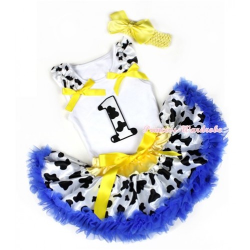 White Baby Pettitop with 1st Milk Cow Birthday Number Print with Milk Cow Ruffles & Yellow Bows & Yellow Royal Blue Milk Cow Newborn Pettiskirt With Yellow Headband Yellow Silk Bow NG1219 
