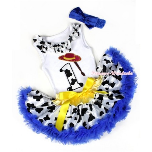 White Baby Pettitop with 1st Cowgirl Hat Braid Milk Cow Birthday Number Print with Milk Cow Satin Lacing With Yellow Royal Blue Milk Cow Newborn Pettiskirt With Royal Blue Headband Royal Blue Satin Bow NG1220 