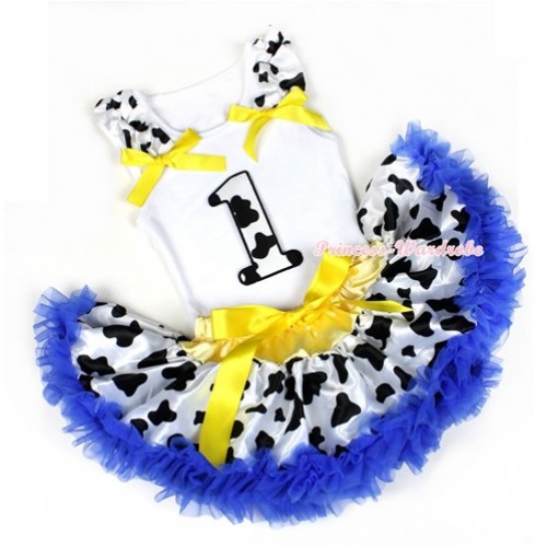 White Baby Pettitop with 1st Milk Cow Birthday Number Print with Milk Cow Ruffles & Yellow Bow with Yellow Royal Blue Milk Cow Newborn Pettiskirt NN56 