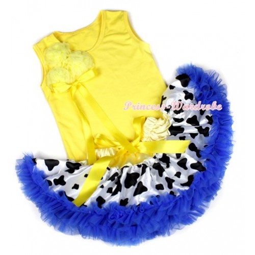 Yellow Baby Pettitop with Bunch of Yellow Rosettes & Yellow Bow with Yellow Royal Blue Milk Cow Newborn Pettiskirt BG73 