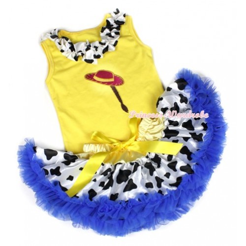 Yellow Baby Pettitop with Milk Cow Satin Lacing & Cowgirl Hat Braid Print with Yellow Royal Blue Milk Cow Newborn Pettiskirt BG76 