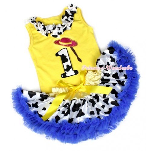 Yellow Baby Pettitop with Milk Cow Satin Lacing & 1st Cowgirl Hat Braid Milk Cow Birthday Number Print with Yellow Royal Blue Milk Cow Newborn Pettiskirt BG77 