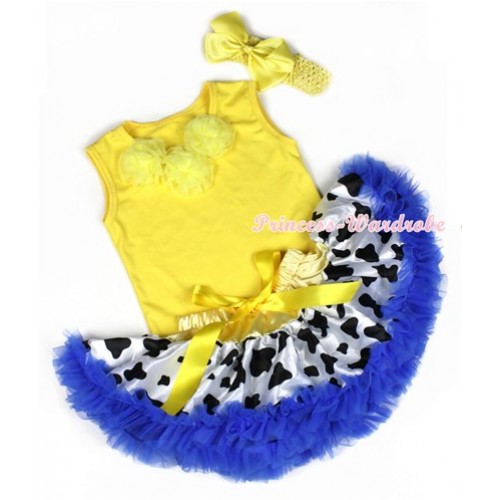 Yellow Baby Pettitop with Yellow Rosettes with Yellow Royal Blue Milk Cow Newborn Pettiskirt & Yellow Headband Yellow Silk Bow 3PC Set BG81 
