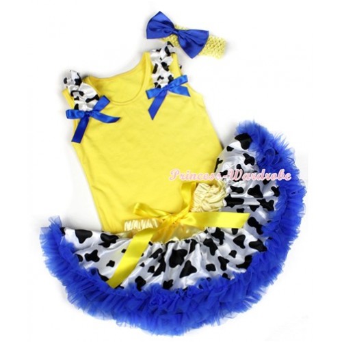 Yellow Baby Pettitop & Milk Cow Ruffles & Royal Blue Bow with Yellow Royal Blue Milk Cow Newborn Pettiskirt With Yellow Headband Royal Blue Satin Bow BG84 