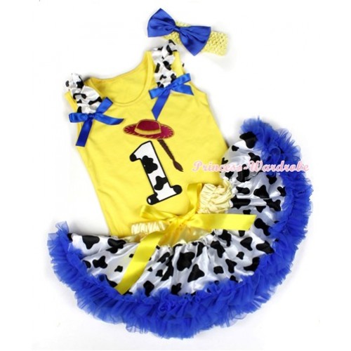 Yellow Baby Pettitop with 1st Cowgirl Hat Braid Milk Cow Birthday Number Print with Milk Cow Ruffles & Royal Blue Bows & Yellow Royal Blue Milk Cow Newborn Pettiskirt With Yellow Headband Royal Blue Satin Bow BG86 