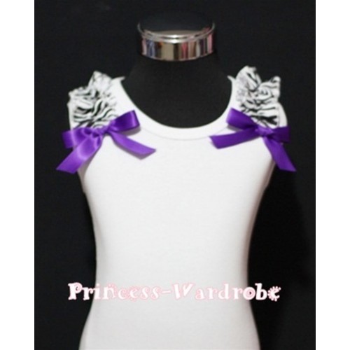 White Pettitop with Zebra Ruffles & Dark Purple Bow TM26 