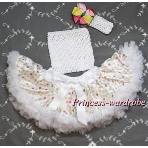 White Crochet Tube Top, White Rainbow Dot Pettiskirt with White Headband and Rainbow Hair Clip CT314 