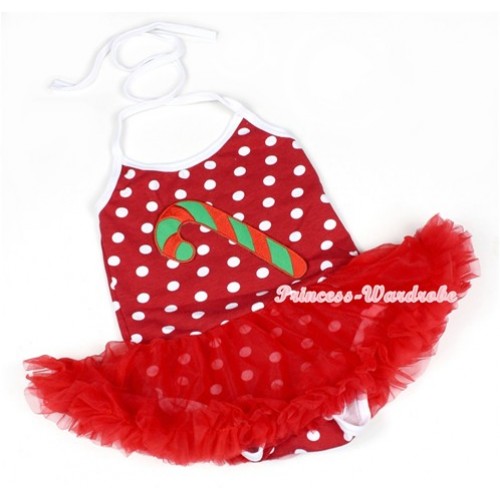 Minnie Polka Dots Baby Halter Jumpsuit Red Pettiskirt With Christmas Stick Print JS1144 