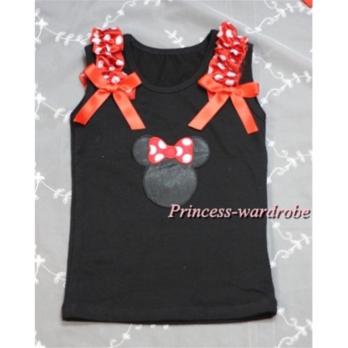 Minnie Print Black Tank Top with Minnie Ruffles and Red Bow T381 