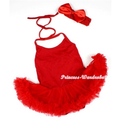 Hot Red Baby Halter Jumpsuit Red Pettiskirt With Red Headband Red Silk Bow JS1172 