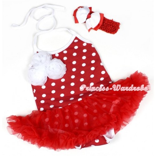 Minnie Polka Dots Baby Halter Jumpsuit Red Pettiskirt With Bunch Of White Rosettes With Red Headband White Red Ribbon Bow JS1173 