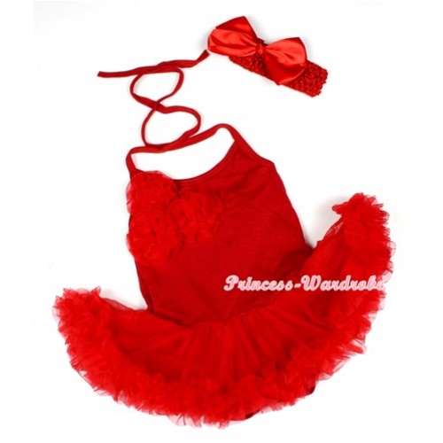 Hot Red Baby Halter Jumpsuit Red Pettiskirt With Bunch Of Red Rosettes With Red Headband Red Silk Bow JS1174 