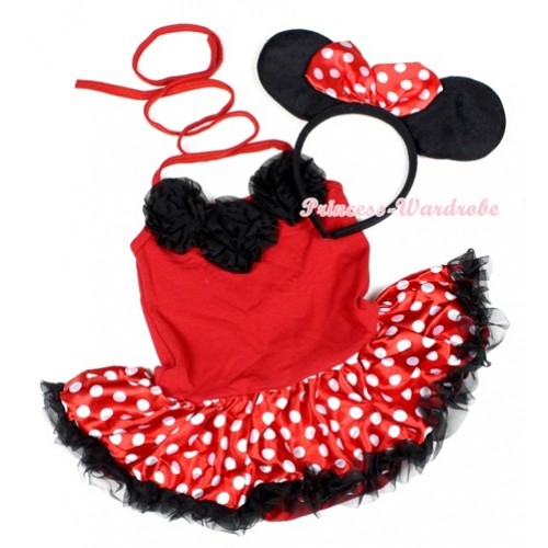 Hot Red Baby Halter Jumpsuit Minnie Polka Dots Pettiskirt With Black Rosettes With Minnie Headband JS1217 