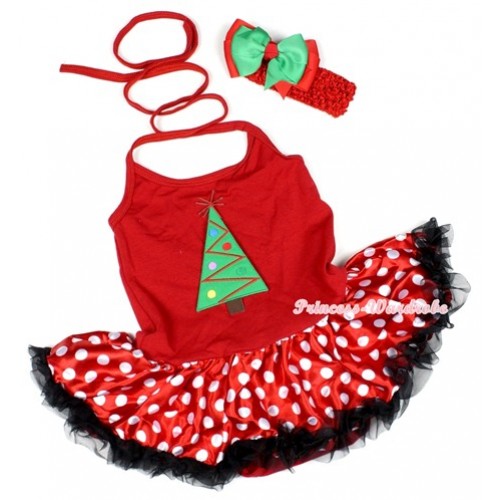 Hot Red Baby Halter Jumpsuit Minnie Polka Dots Pettiskirt With Christmas Tree Print With Red Headband Green Red Ribbon Bow JS1175 