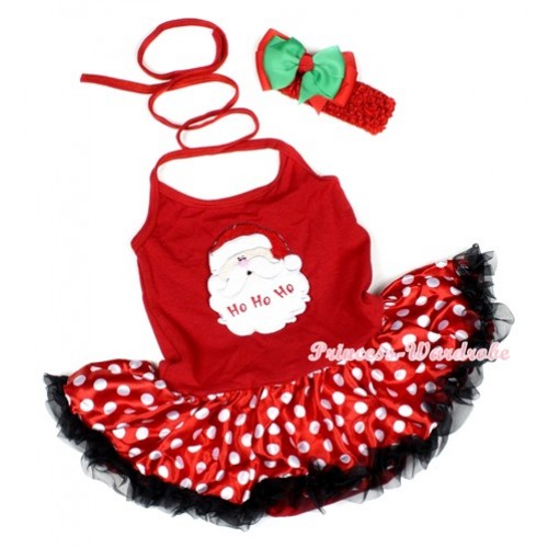 Hot Red Baby Halter Jumpsuit Minnie Polka Dots Pettiskirt With Santa Claus Print With Red Headband Green Red Ribbon Bow JS1178 