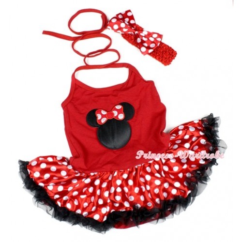 Hot Red Baby Halter Jumpsuit Minnie Polka Dots Pettiskirt With Minnie Print With Red Headband Minnie Polka Dots Satin Bow JS1179 