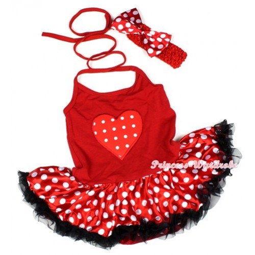 Hot Red Baby Halter Jumpsuit Minnie Polka Dots Pettiskirt With Red White Polka Dots Heart Print With Red Headband Minnie Polka Dots Satin Bow JS1181 