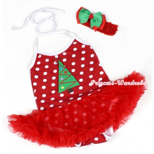 Minnie Polka Dots Baby Halter Jumpsuit Red Pettiskirt With Christmas Tree Print With Red Headband Green Red Ribbon Bow JS1189 