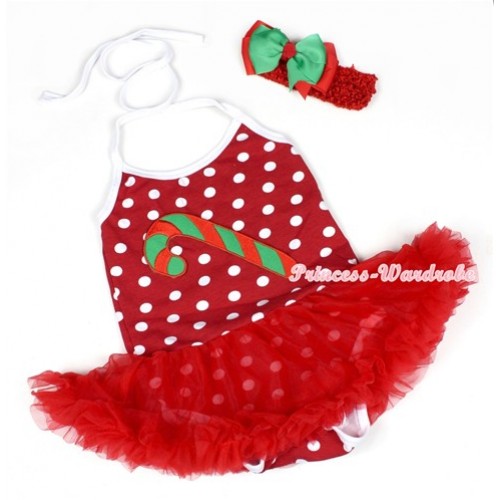 Minnie Polka Dots Baby Halter Jumpsuit Red Pettiskirt With Christmas Stick Print With Red Headband Green Red Ribbon Bow JS1190 