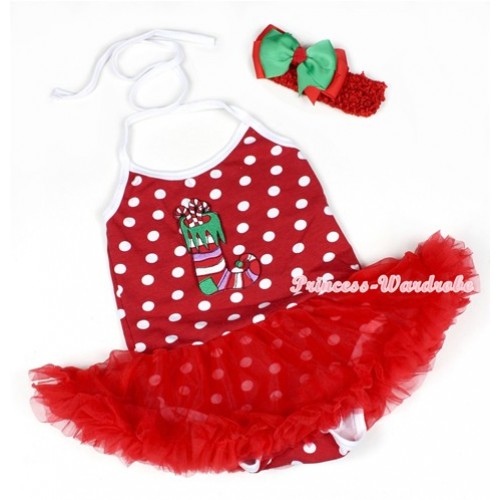 Minnie Polka Dots Baby Halter Jumpsuit Red Pettiskirt With Christmas Stocking Print With Red Headband Green Red Ribbon Bow JS1191 