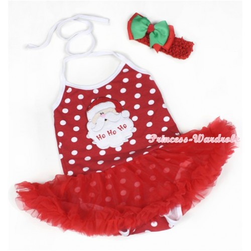 Minnie Polka Dots Baby Halter Jumpsuit Red Pettiskirt With Santa Claus Print With Red Headband Green Red Ribbon Bow JS1192 