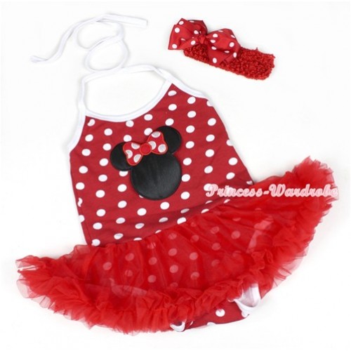 Minnie Polka Dots Baby Halter Jumpsuit Red Pettiskirt With Minnie Print With Red Headband Red White Polka Dots Ribbon Bow JS1193 