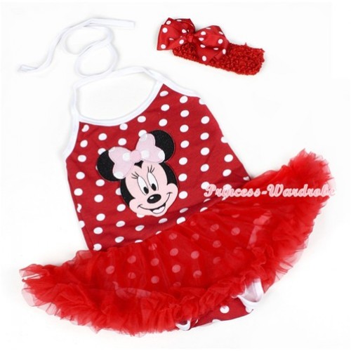 Minnie Polka Dots Baby Halter Jumpsuit Red Pettiskirt With Light Pink Minnie Print With Red Headband Red White Polka Dots Ribbon Bow JS1194 