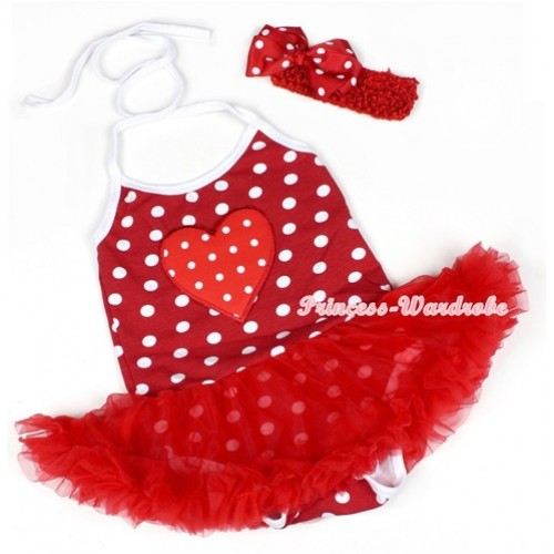 Minnie Polka Dots Baby Halter Jumpsuit Red Pettiskirt With Red White Polka Dots Heart Print With Red Headband Red White Polka Dots Ribbon Bow JS1195 