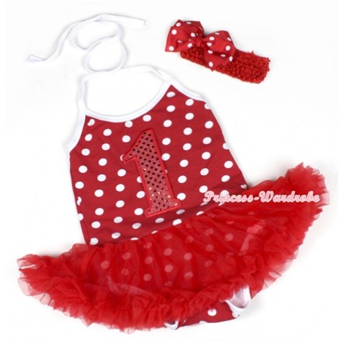 Minnie Polka Dots Baby Halter Jumpsuit Red Pettiskirt With 1st Sparkle Red Birthday Number Print With Red Headband Red White Polka Dots Ribbon Bow JS1198 