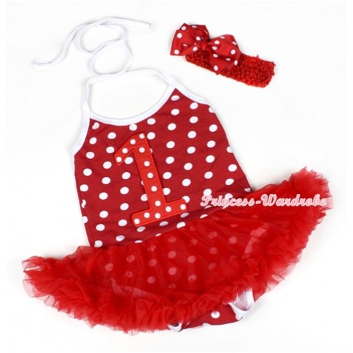 Minnie Polka Dots Baby Halter Jumpsuit Red Pettiskirt With 1st Red White Polka Dots Birthday Number Print With Red Headband Red White Polka Dots Ribbon Bow JS1199 