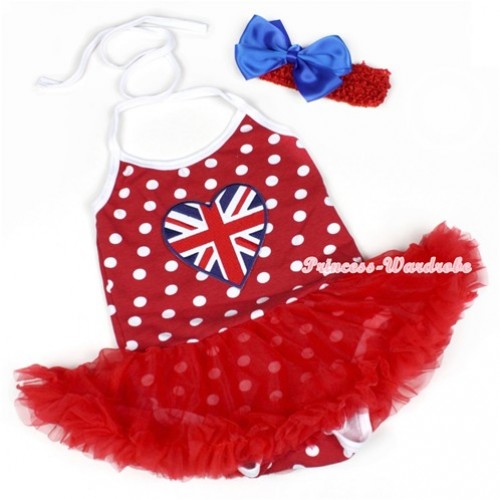 Minnie Polka Dots Baby Halter Jumpsuit Red Pettiskirt With Patriotic British Heart Print With Red Headband Royal Blue Silk Bow JS1200 