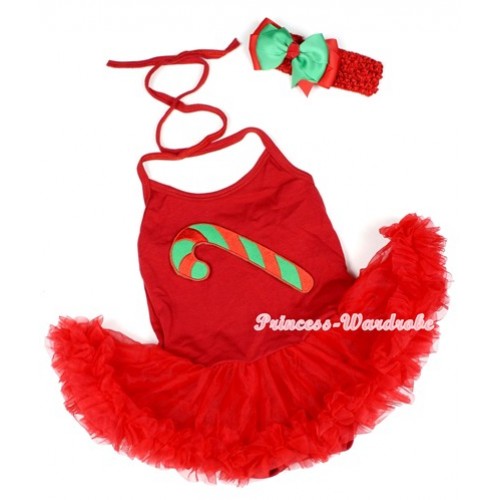 Hot Red Baby Halter Jumpsuit Red Pettiskirt With Christmas Stick Print With Red Headband Green Red Ribbon Bow JS1203 