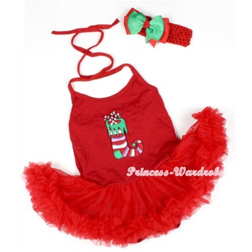 Hot Red Baby Halter Jumpsuit Red Pettiskirt With Christmas Stocking Print With Red Headband Green Red Ribbon Bow JS1204 
