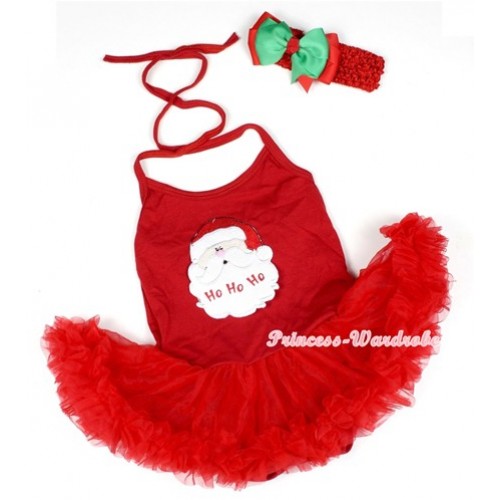 Hot Red Baby Halter Jumpsuit Red Pettiskirt With Santa Claus Print With Red Headband Green Red Ribbon Bow JS1205 