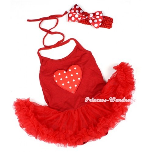 Hot Red Baby Halter Jumpsuit Red Pettiskirt With Red White Polka Dots Heart Print With Red Headband Minnie Dots Satin Bow JS1209 