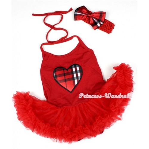 Hot Red Baby Halter Jumpsuit Red Pettiskirt With Red Black Checked Heart Print With Red Headband Red Black Checked Satin Bow JS1213 