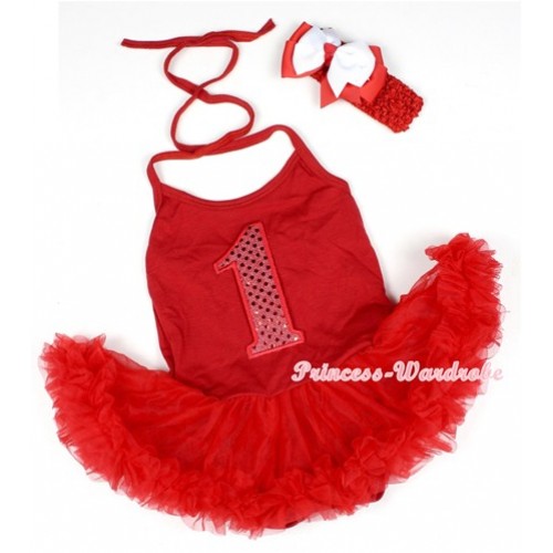 Hot Red Baby Halter Jumpsuit Red Pettiskirt With 1st Sparkle Red Birthday Number Print With Red Headband White Red Ribbon Bow JS1215 