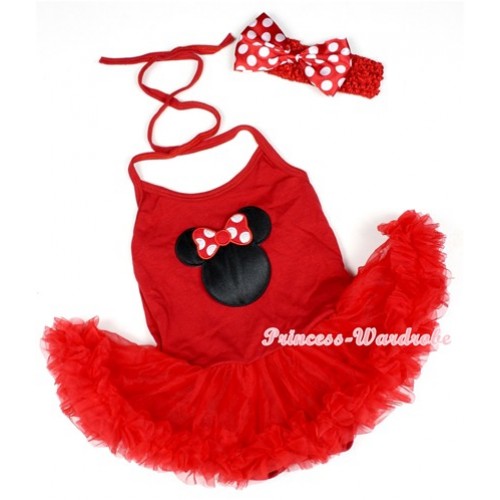 Hot Red Baby Halter Jumpsuit Red Pettiskirt With Minnie Print With Red Headband Minnie Polka Dots Satin Bow JS1219 