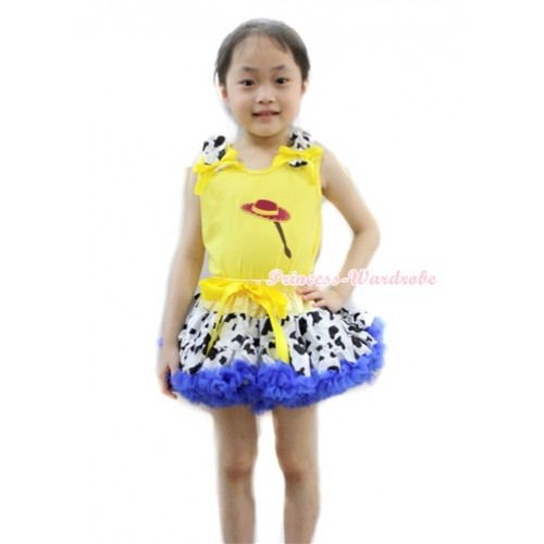 Yellow Tank Top with Cowgirl Hat Braid Print with Milk Cow Ruffles & Yellow Bow& Yellow Royal Blue Milk Cow Pettiskirt M524 