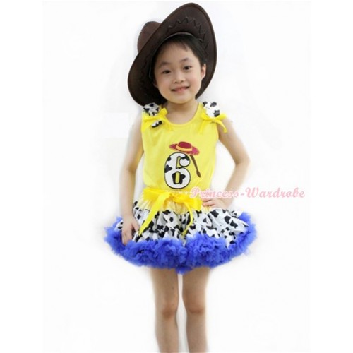 Yellow Tank Top with 6nd Cowgirl Hat Braid Milk Cow Birthday Number Print with Milk Cow Ruffles & Yellow Bow& Yellow Royal Blue Milk Cow Pettiskirt With Brown Leather Cowboy Hat M527 
