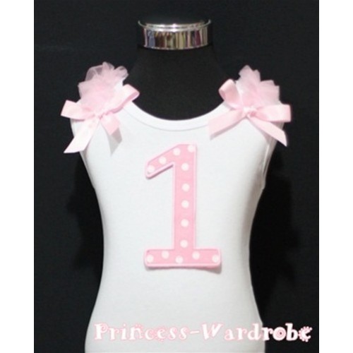 1st Birthday White Tank Top with Light Pink White Polka Dots Print number with Light Pink Ribbon and ruffles TM34 