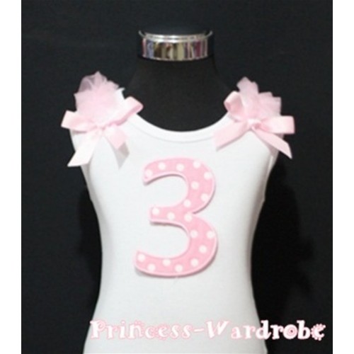 3rd Birthday White Tank Top with Light Pink White Polka Dots Print number with Light Pink Ribbon and ruffles TM38 
