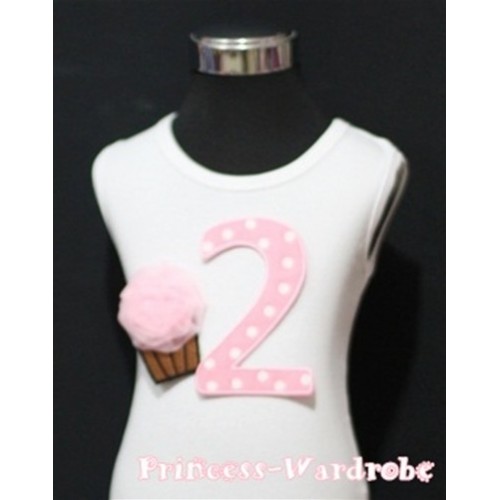2nd Birthday White Tank Top with Light Pink White Polka Dots Print number and Light Pink Rosettes Cupcake TM41 