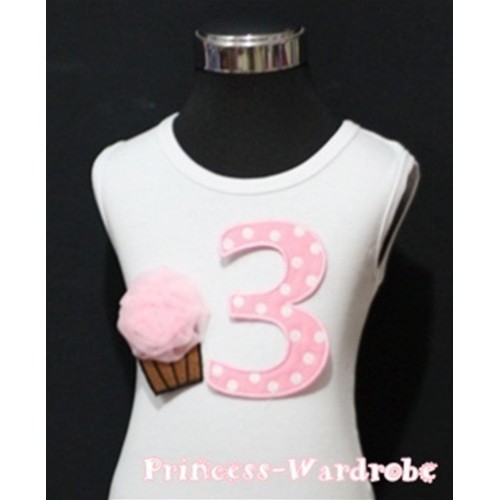 3rd Birthday White Tank Top with Light Pink White Polka Dots Print number and Light Pink Rosettes Cupcake TM43 