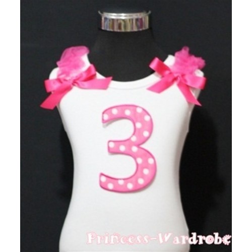 3rd Birthday White Tank Top with Hot Pink White Polka Dots Print number with Hot Pink Ribbon and ruffles TM50 
