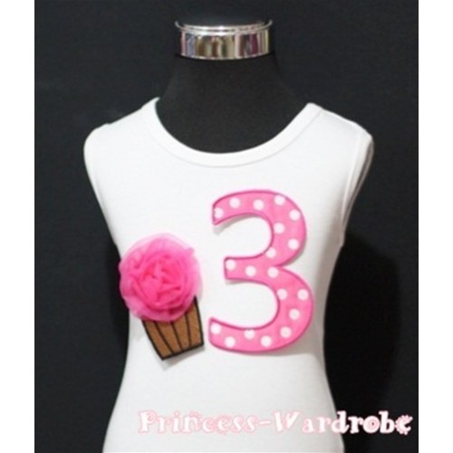 3rd Birthday White Tank Top with Hot Pink White Polka Dots Print number and Hot Pink Rosettes Cupcake TM55 