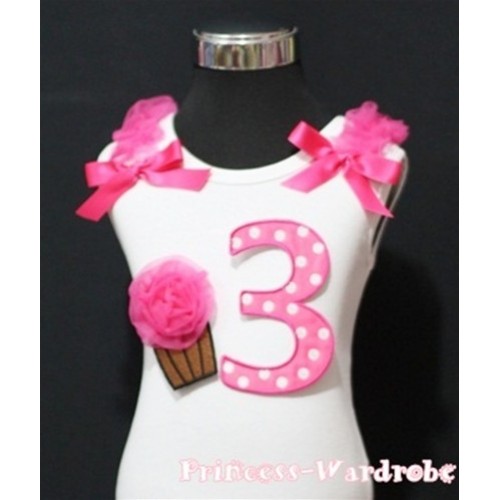 3rd Birthday White Tank Top with Hot Pink White Polka Dots Print number and Hot Pink Rosettes Cupcake and Hot Pink Ribbon, Ruffles TM56 