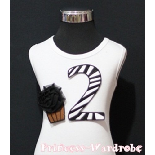 2nd Birthday White Tank Top with Black Zebra Print number and Black Rosettes Cupcake TM65 