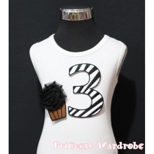 3rd Birthday White Tank Top with Black Zebra Print number and Black Rosettes Cupcake TM67 