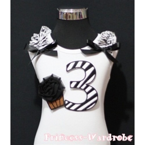 3rd Birthday White Tank Top with Black Zebra Print number and Black Rosettes Cupcake and Black Ribbon, Zebra Ruffles TM68 